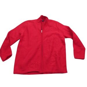 Karen Scott Women Red Textured Floral Zip Up Mock Neck Sweater  XL 100% Wool‎